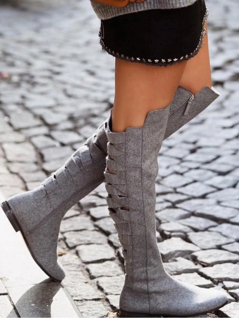 Nine West Ooohaah Gray Wool Over-the-Knee Woven Criss Cross Back Boots EUC SZ 9